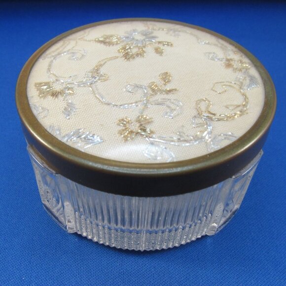 Vintage Ladies Vanity Glass Jar Containers with Embroidered Lids 2 Piece Lot - Picture 5 of 12